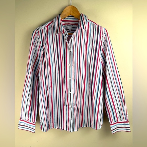 Foxcroft Women's Red White & Blue Striped Button Up Shirt Size 10 USA Patriotic - Picture 1 of 9